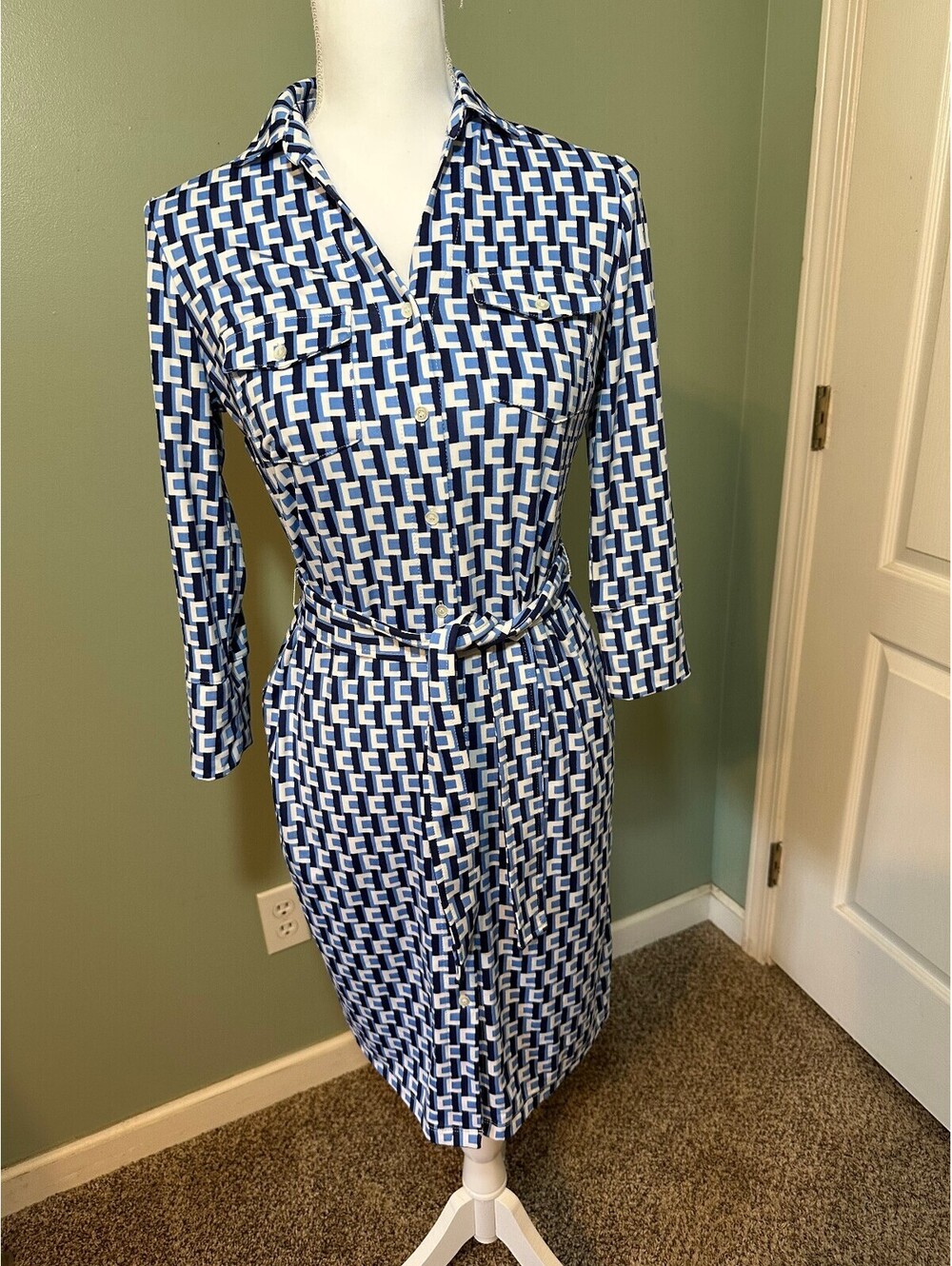 J.McLaughlin Geometric Shirt Dress XS Catalina Cloth Blue White Tie Waist EUC